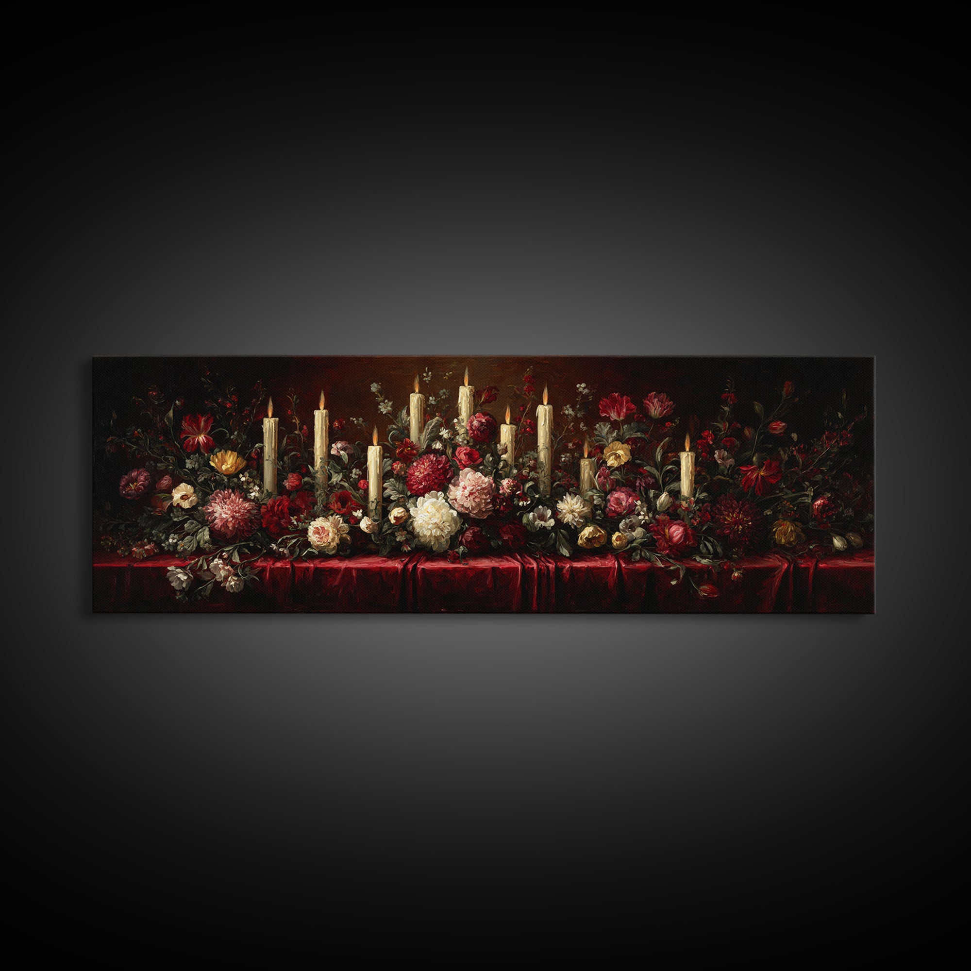 Velvet Drapery with Pearls Flowers and Candlelight Canvas Print, Baroque Art, Portrait Painting, Living Room Decor, Ornate, BAO-3x1-91