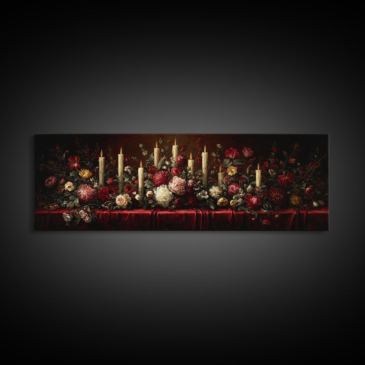 Velvet Drapery with Pearls Flowers and Candlelight Canvas Print, Baroque Art, Portrait Painting, Living Room Decor, Ornate, BAO-3x1-91
