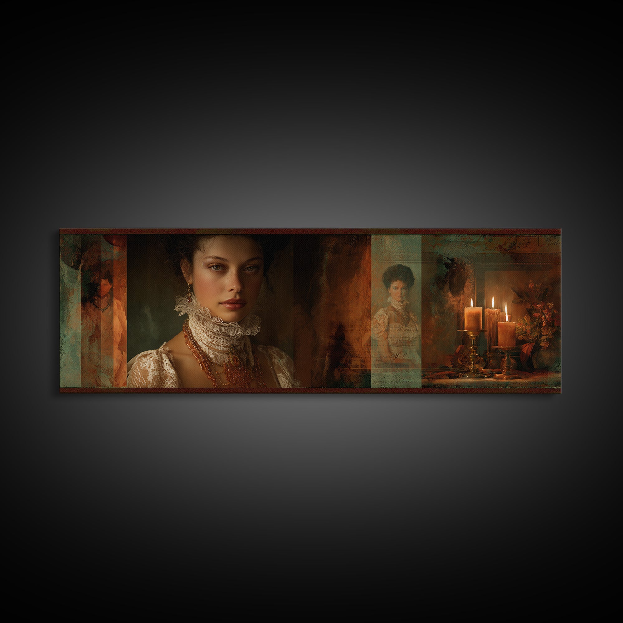 Classical Portrait with Lace Collar and Jewel Canvas Print, Baroque Art, Gallery Wall, Living Room Decor, Fine Art, Ornate, BAO-3x1-95