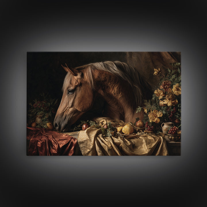 Dramatic Horse Portrait Framed Canvas Print, Baroque Art, Modern Wall Art, Living Room Decor, Oil Painting, Ornate, BAO-3x2-100