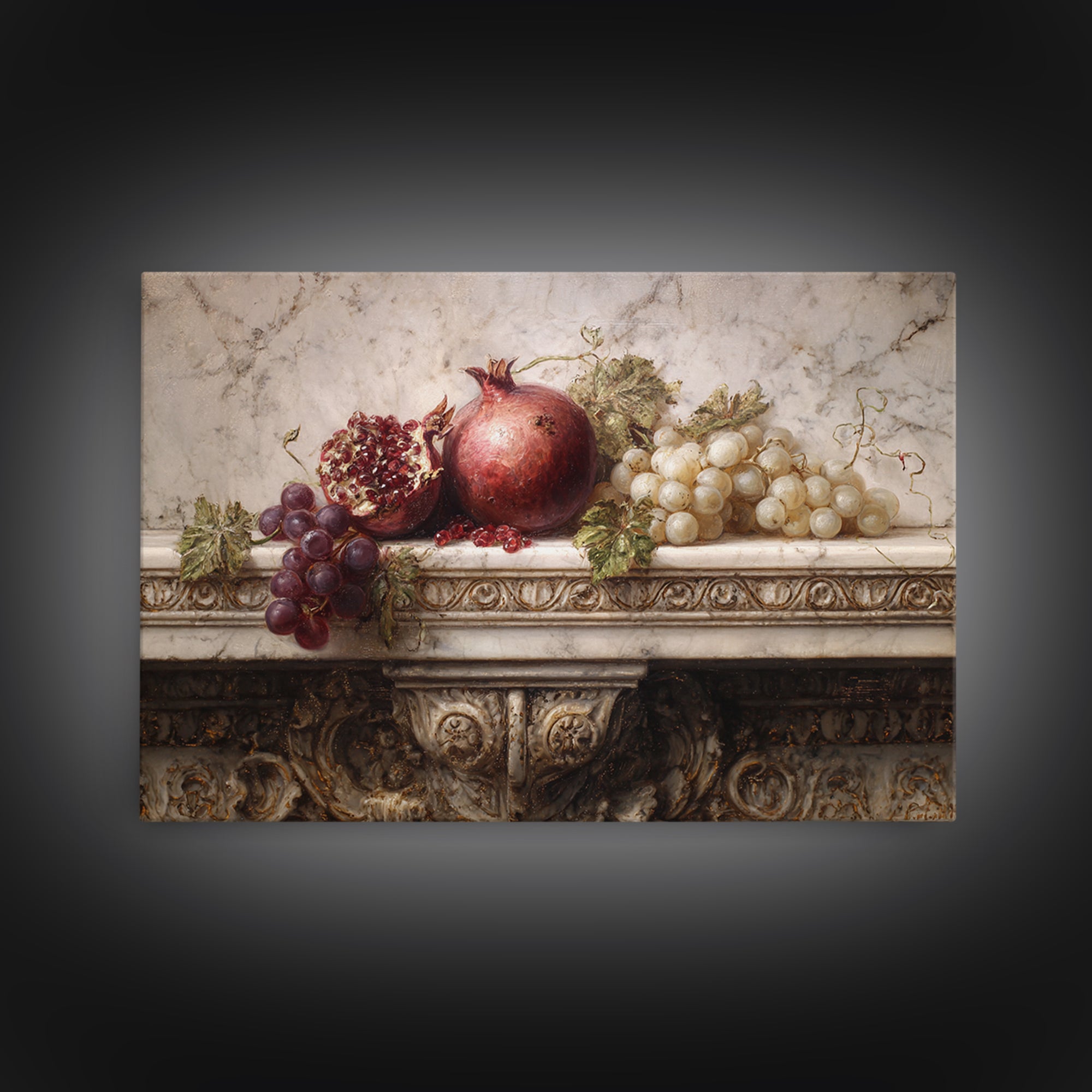 Pomegranate and Grapes on a Marble Ledge Canvas Print, Baroque Art, Luxury Decor, Living Room Decor, Fine Art, Ornate, BAO-3x2-12