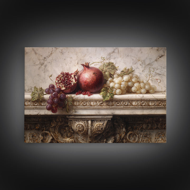 Pomegranate and Grapes on a Marble Ledge Canvas Print, Baroque Art, Luxury Decor, Living Room Decor, Fine Art, Ornate, BAO-3x2-12