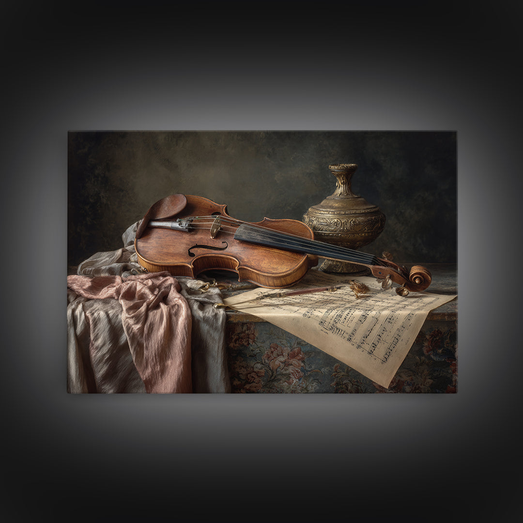 Baroque Violin and Sheet Music Still Life Framed Canvas Print, Baroque Art, Neutral Decor, Living Room Decor, Fine Art, Ornate, BAO-3x2-15