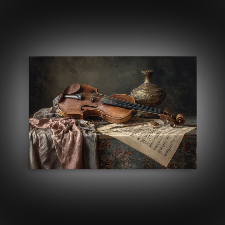 Baroque Violin and Sheet Music Still Life Framed Canvas Print, Baroque Art, Neutral Decor, Living Room Decor, Fine Art, Ornate, BAO-3x2-15