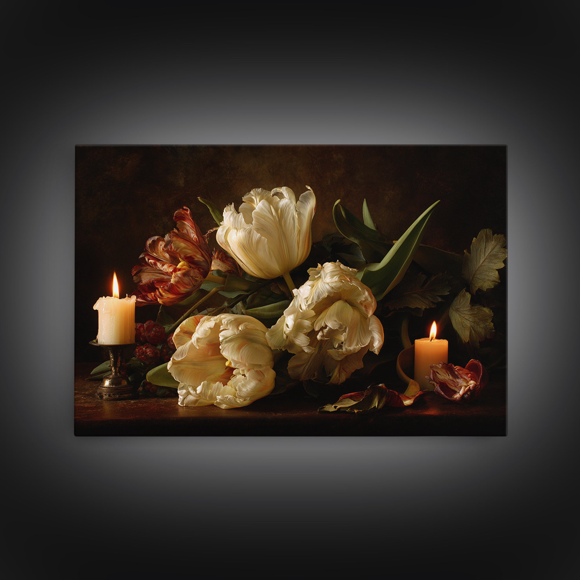 Black Background Tulips Framed Canvas Print, Baroque Art, Room Decor, Living Room Decor, Fine Art, Ornate, Digital Wall Art, BAO-3x2-20