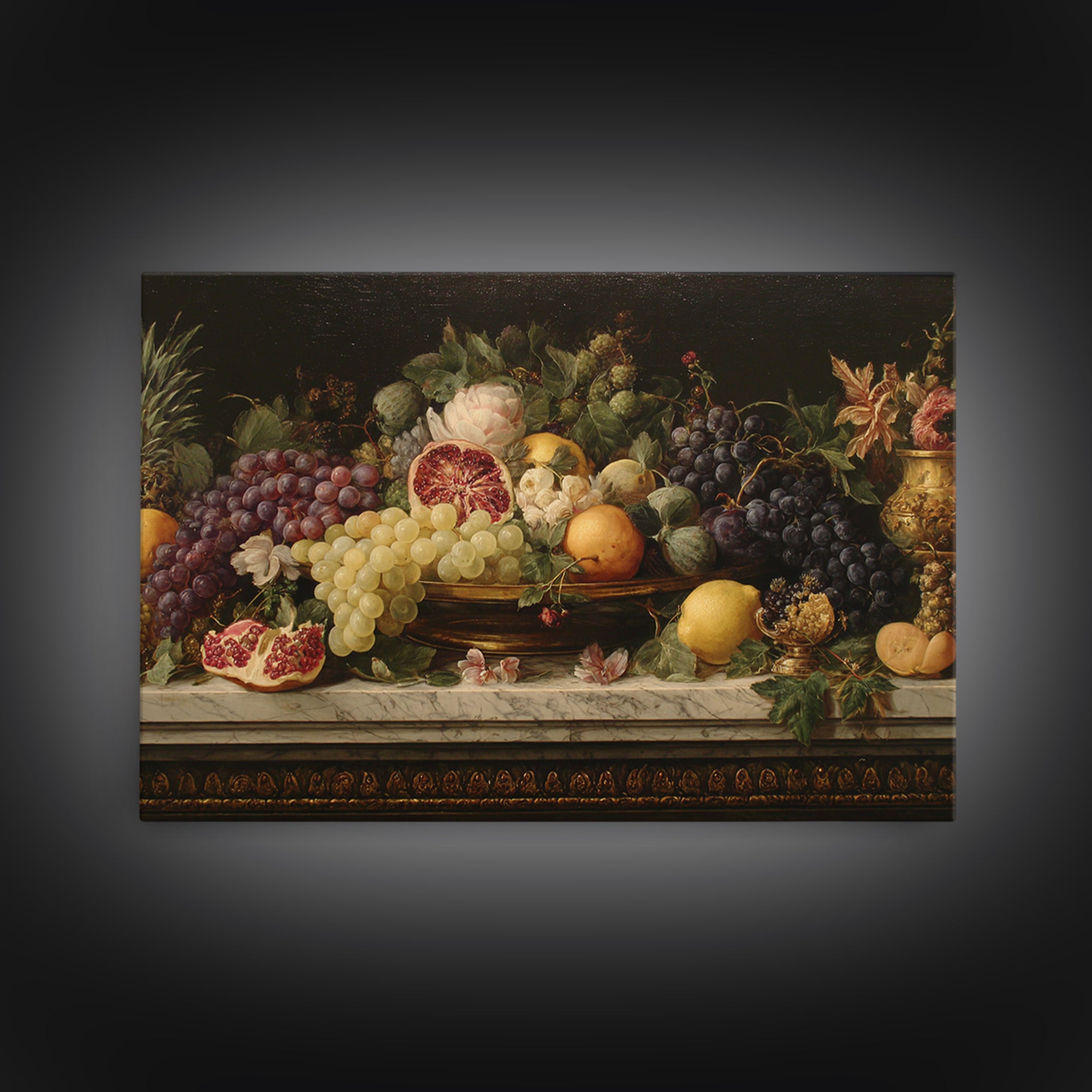 Lavish Banquet Fruit Composition Framed Canvas Print, Baroque Art, Textured Painting, Living Room Decor, Fine Art, Ornate, BAO-3x2-24
