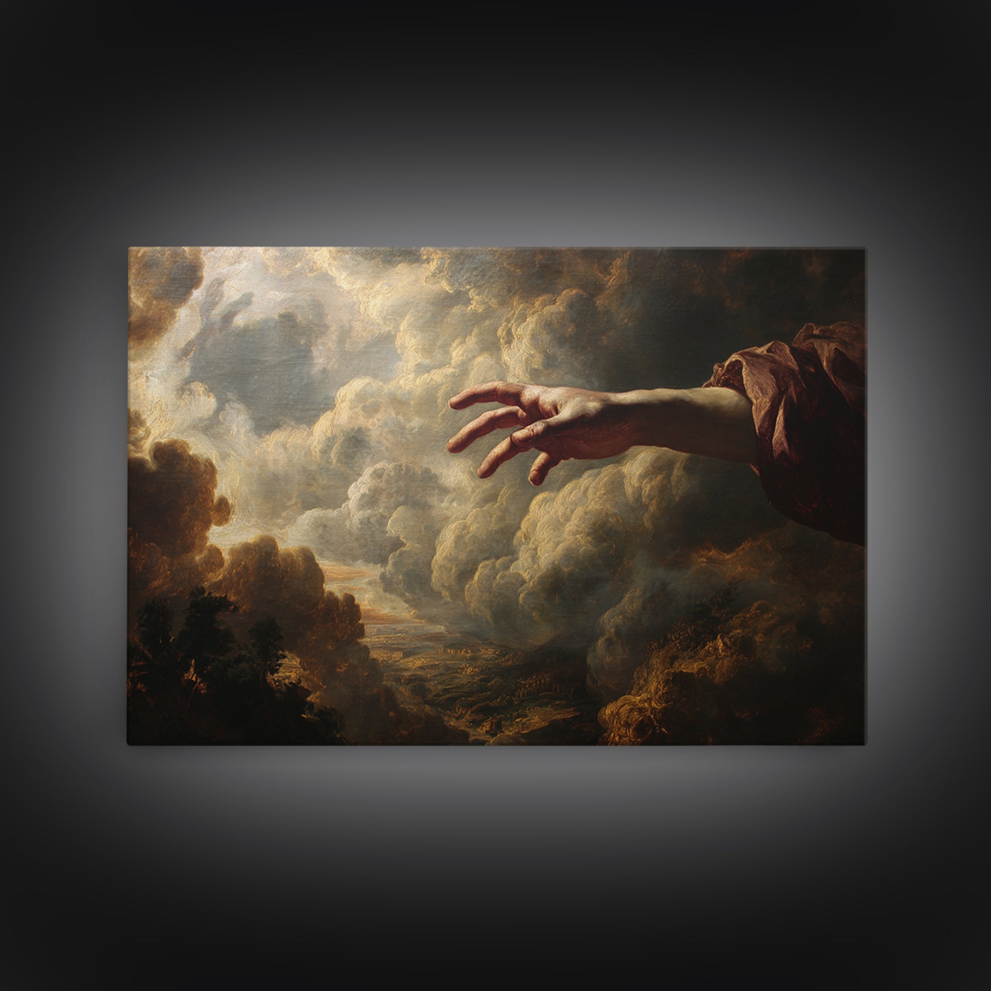 Angelic Hand Reaching Through Clouds Framed Canvas Print, Baroque Art, Painting, Living Room Decor, Abstract Art, Ornate, BAO-3x2-25