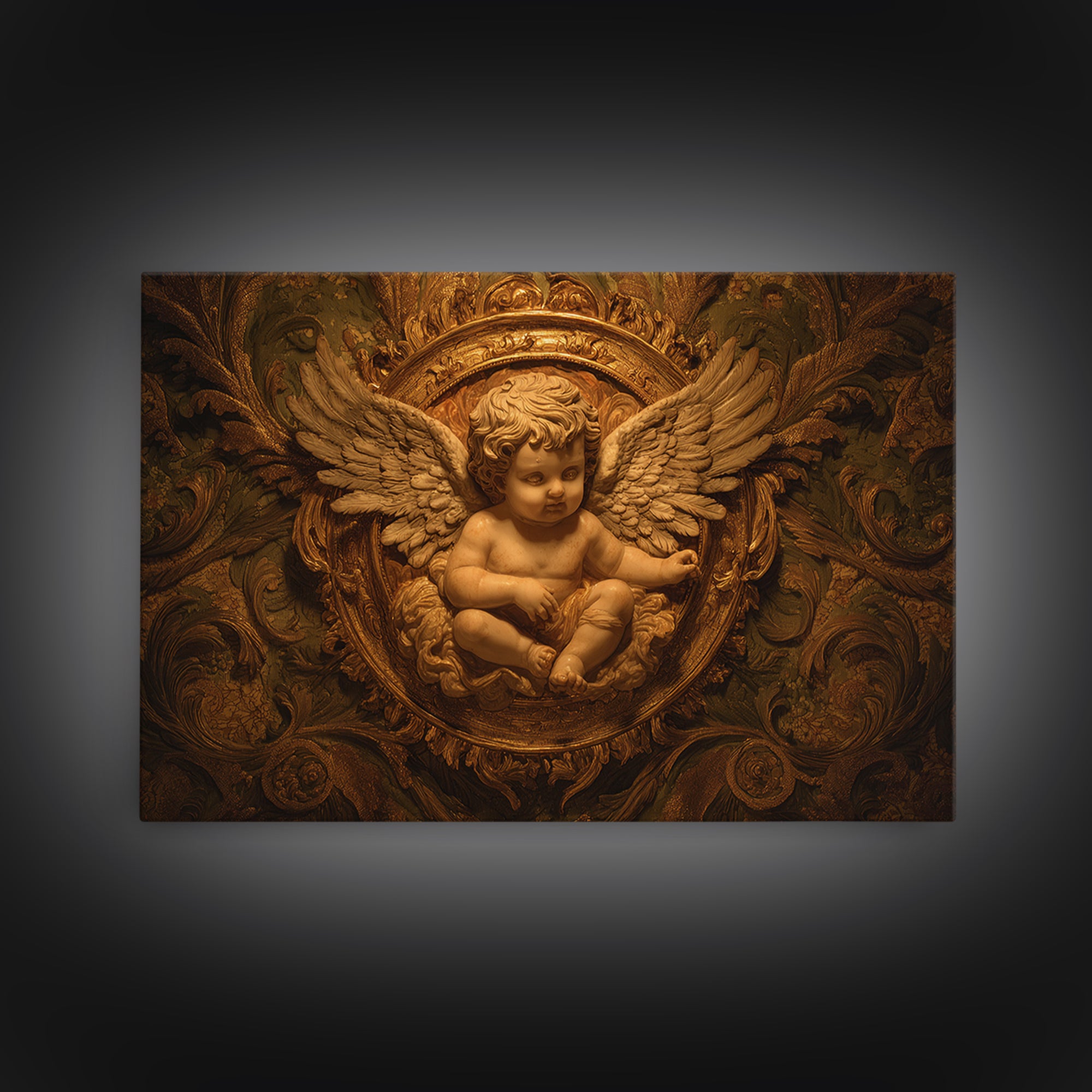 Ornate Cherub Figure Surrounded by Clouds and Canvas Print, Baroque Art, Printable Wall Art, Living Room Decor, Ornate, BAO-3x2-30