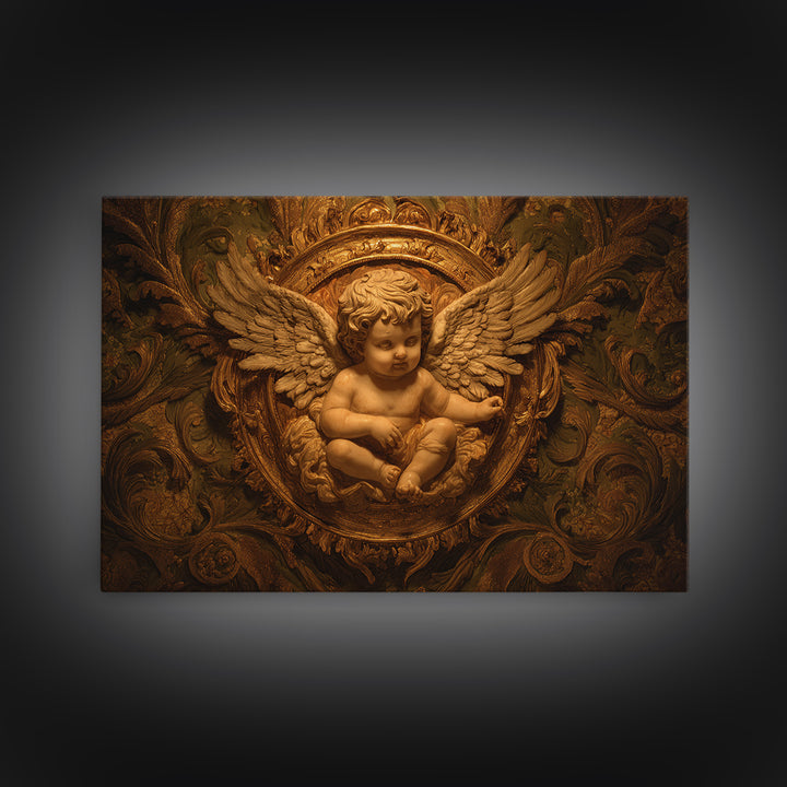 Ornate Cherub Figure Surrounded by Clouds and Canvas Print, Baroque Art, Printable Wall Art, Living Room Decor, Ornate, BAO-3x2-30
