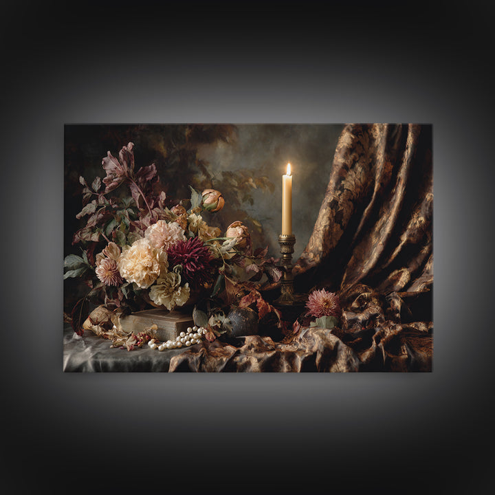 Velvet Drapery with Pearls Flowers and Candlelight Framed Canvas Print, Baroque Art, Painting, Living Room Decor, Ornate, BAO-3x2-31