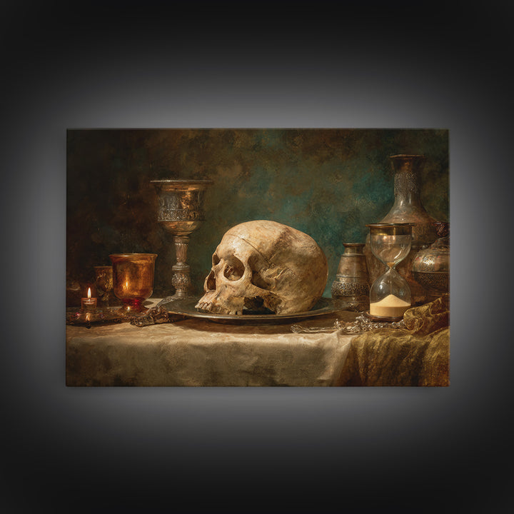 Skull and Hourglass Vanitas Still Life Canvas Print, Baroque Art, Printable Wall Art, Living Room Decor, Fine Art, Ornate, BAO-3x2-33