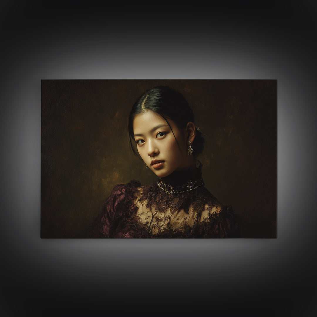 Classical Portrait with Lace Collar and Jewel Framed Canvas Print, Baroque Art, Decor, Living Room Decor, Oil Painting, Ornate, BAO-3x2-35