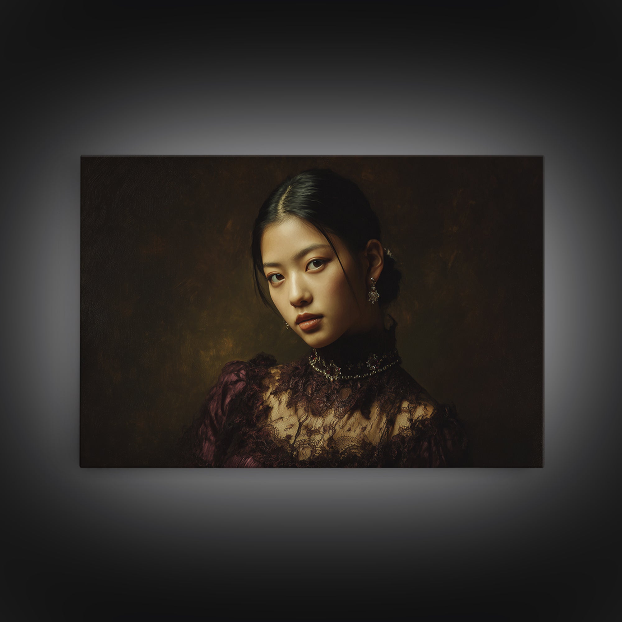 Classical Portrait with Lace Collar and Jewel Framed Canvas Print, Baroque Art, Decor, Living Room Decor, Oil Painting, Ornate, BAO-3x2-35