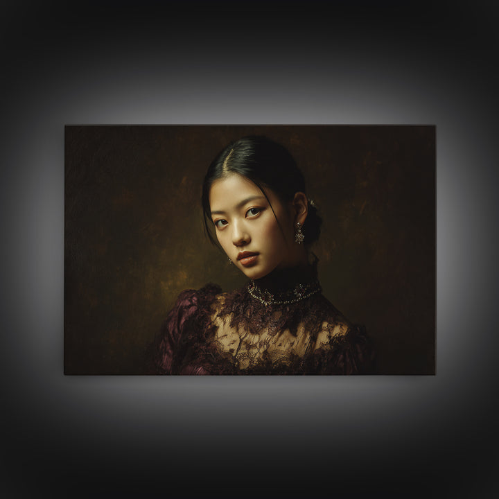 Classical Portrait with Lace Collar and Jewel Framed Canvas Print, Baroque Art, Decor, Living Room Decor, Oil Painting, Ornate, BAO-3x2-35