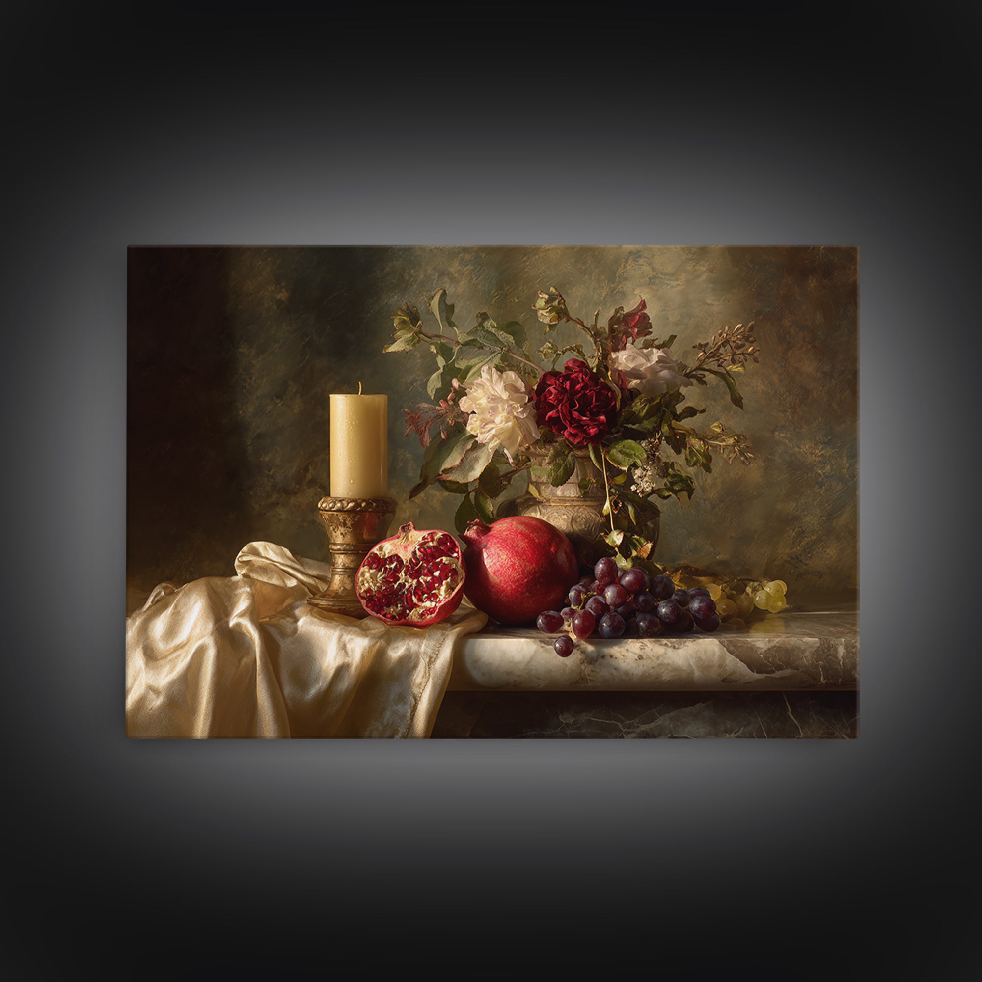 Pomegranate and Grapes on a Marble Ledge Framed Canvas Print, Baroque Art, Contemporary Art, Living Room Decor, Ornate, BAO-3x2-36