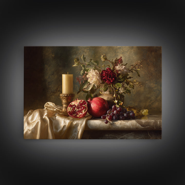 Pomegranate and Grapes on a Marble Ledge Framed Canvas Print, Baroque Art, Contemporary Art, Living Room Decor, Ornate, BAO-3x2-36
