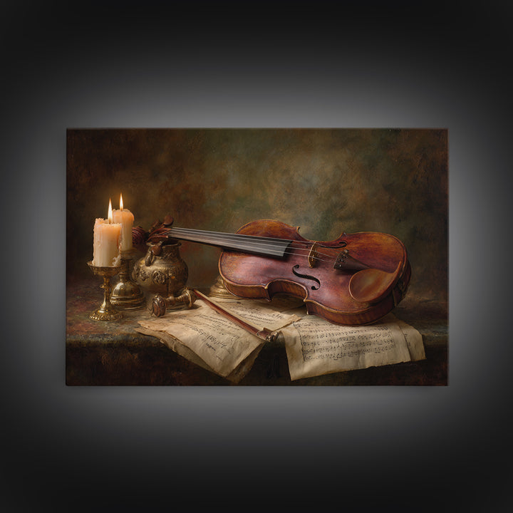 Baroque Violin and Sheet Music Still Life Framed Canvas Print, Baroque Art, Whimsical Decor, Living Room Decor, Ornate, BAO-3x2-39
