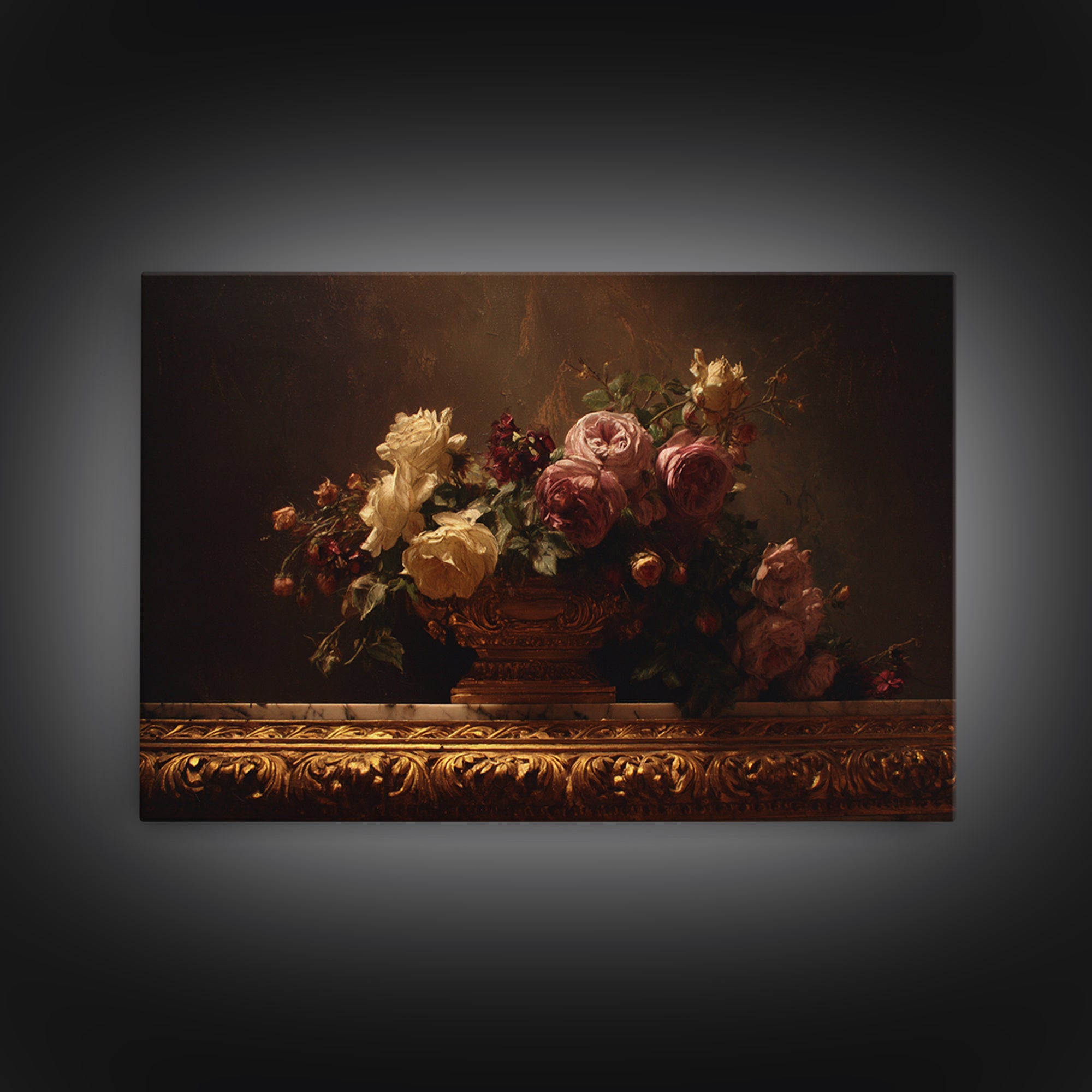Golden Harp and Roses Framed Canvas Print, Baroque Art, Painting, Living Room Decor, Fine Art, Ornate, Living Room Wall Art, BAO-3x2-46