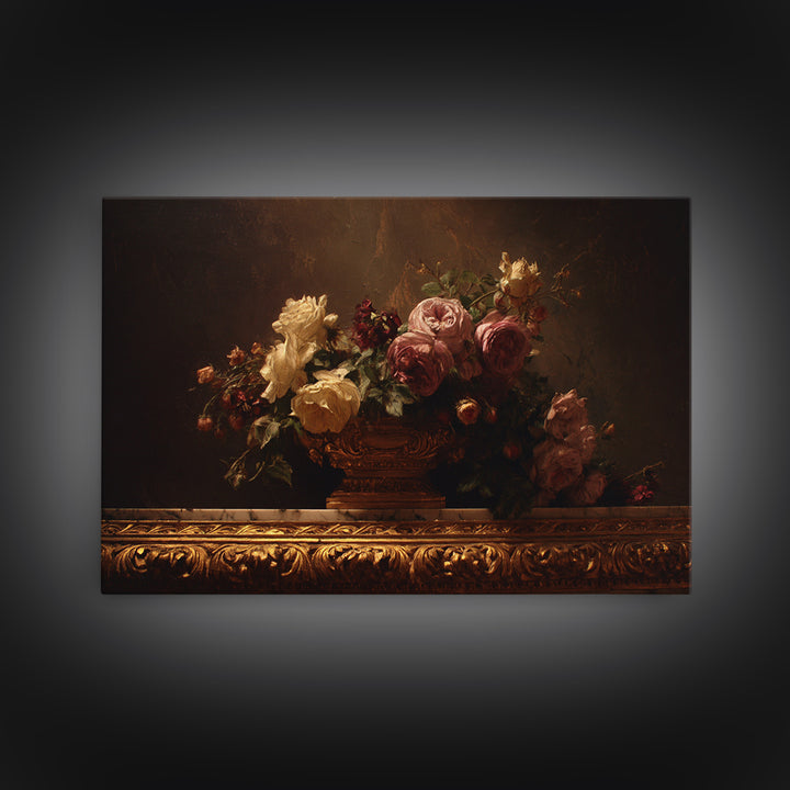 Golden Harp and Roses Framed Canvas Print, Baroque Art, Painting, Living Room Decor, Fine Art, Ornate, Living Room Wall Art, BAO-3x2-46