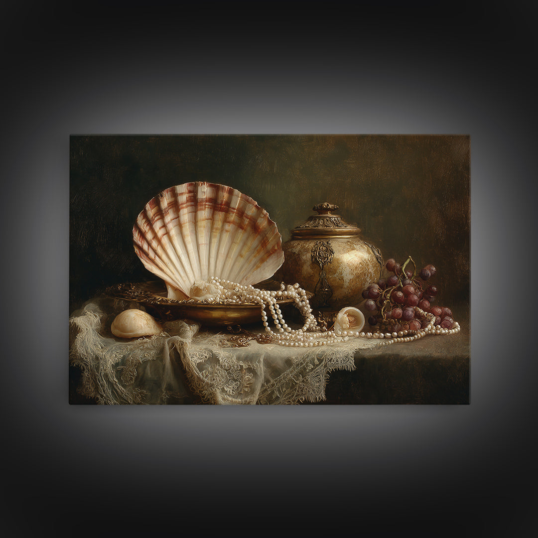 Ornamental Shell and Pearl Composition Framed Canvas Print, Baroque Art, Decor, Living Room Decor, Oil Painting, Ornate, BAO-3x2-50
