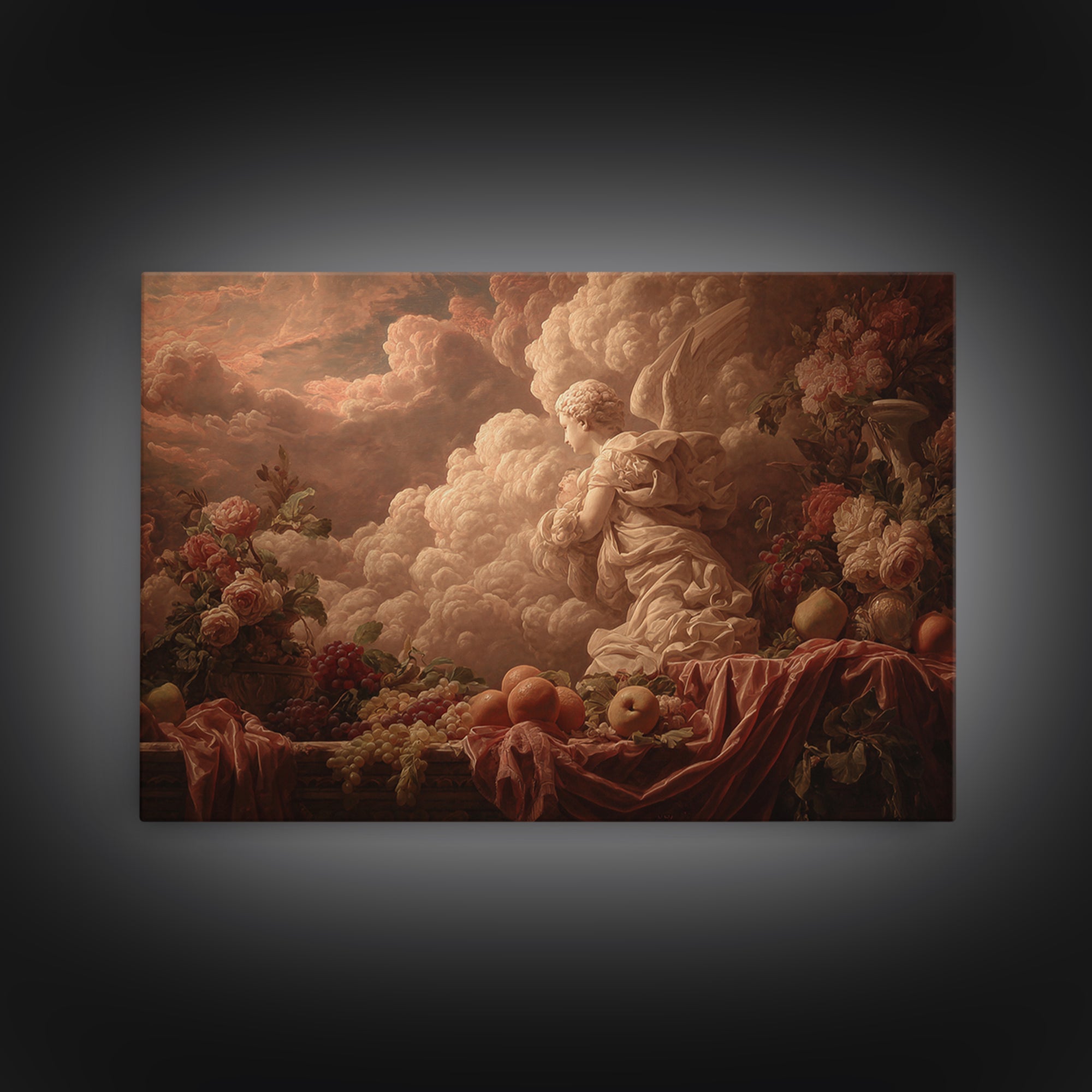 Ornate Cherub Figure Surrounded by Clouds and Canvas Print, Baroque Art, Printable Wall Art, Living Room Decor, Ornate, BAO-3x2-54
