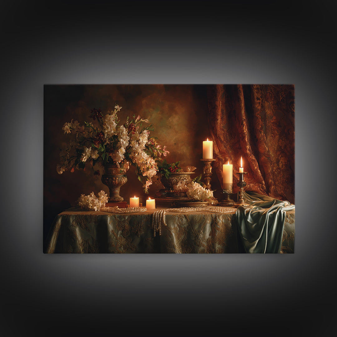 Velvet Drapery with Pearls Flowers and Candlelight Canvas Print, Baroque Art, Maximalist Wall Art, Living Room Decor, Ornate, BAO-3x2-55