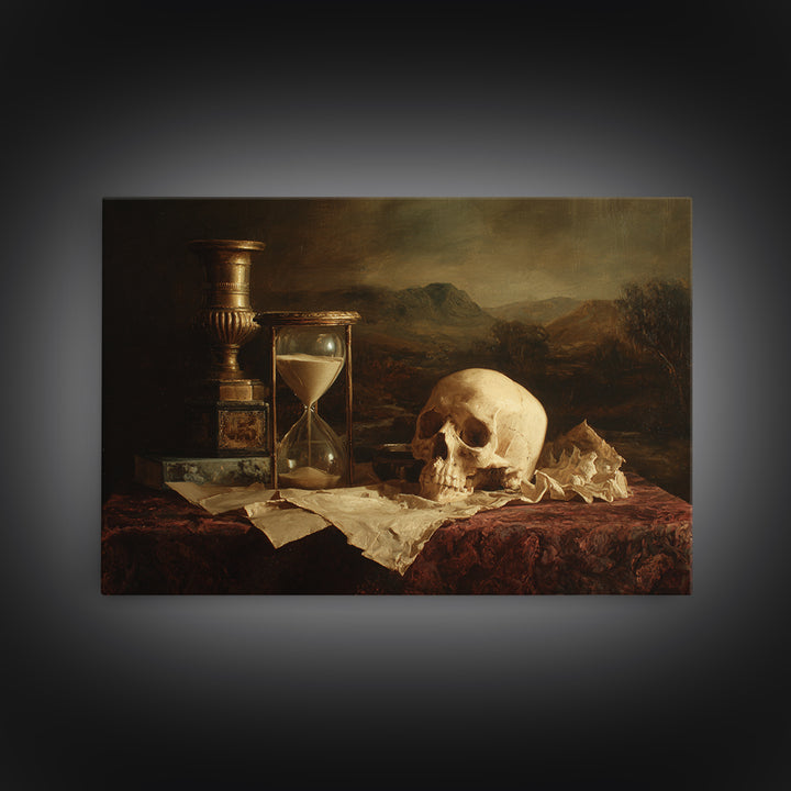 Skull and Hourglass Vanitas Still Life Canvas Print, Baroque Art, Printable Wall Art, Living Room Decor, Fine Art, Ornate, BAO-3x2-57