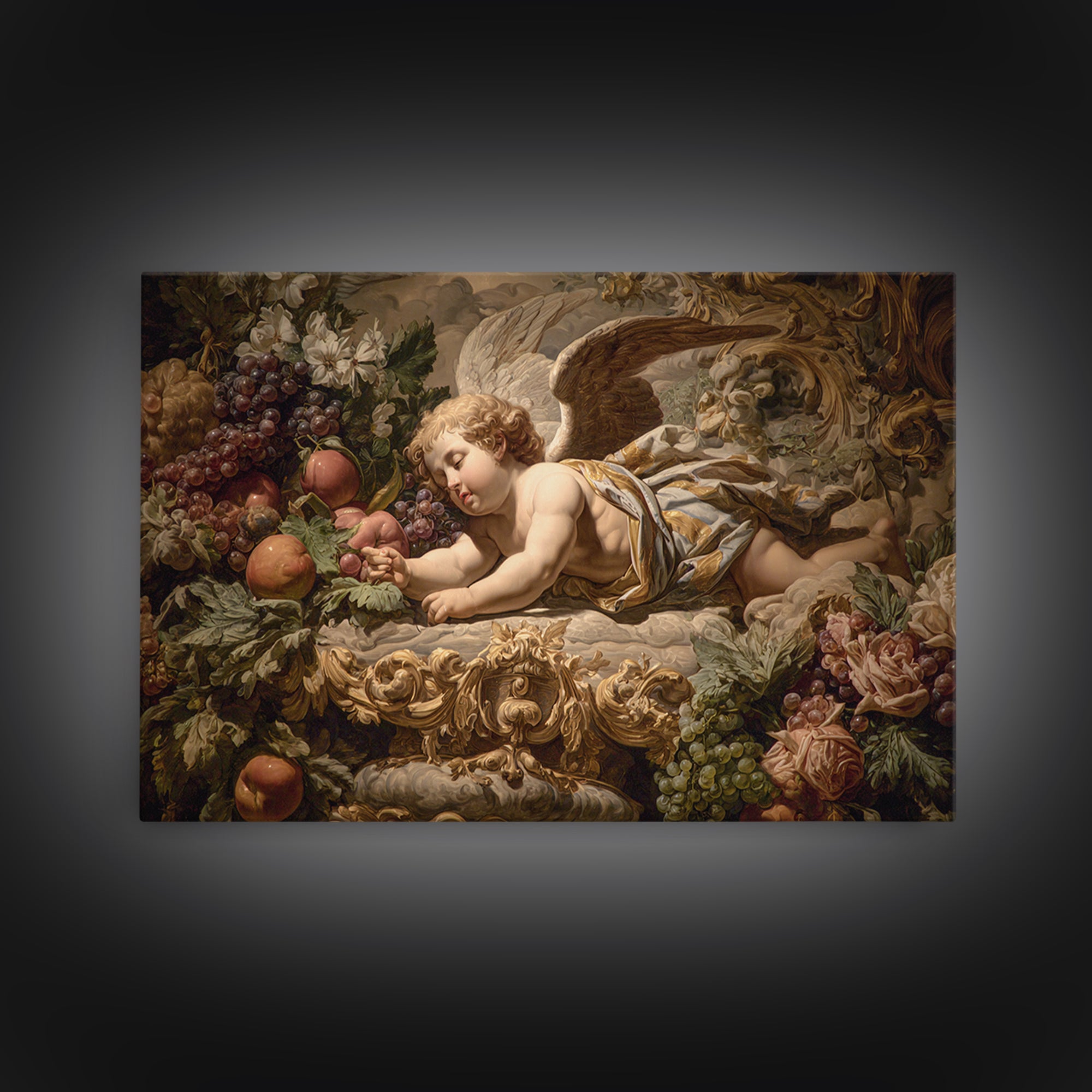 Ornate Cherub Figure Surrounded by Clouds and Framed Canvas Print, Baroque Art, Contemporary Art, Living Room Decor, Ornate, BAO-3x2-6
