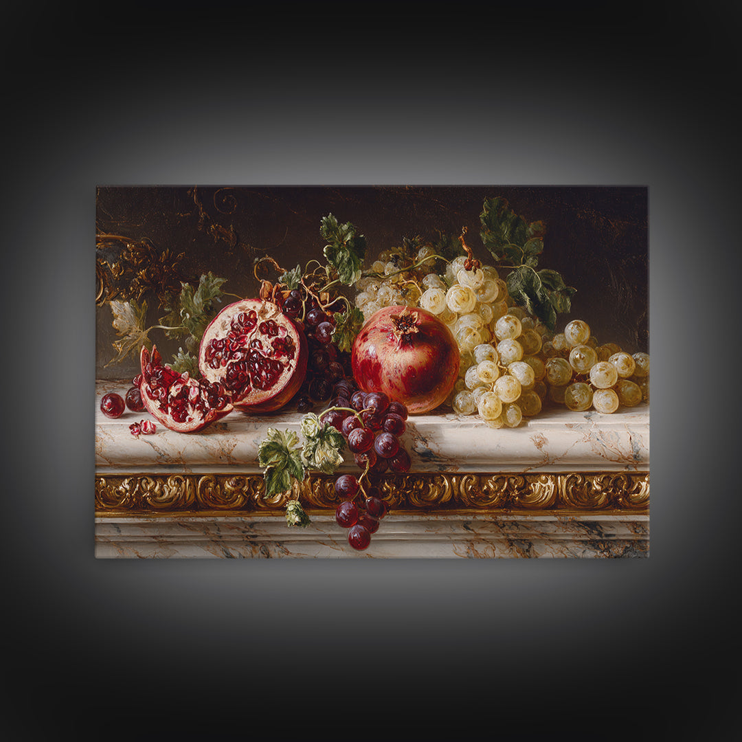Pomegranate and Grapes on a Marble Ledge Framed Canvas Print, Baroque Art, Whimsical Decor, Living Room Decor, Fine Art, Ornate, BAO-3x2-60