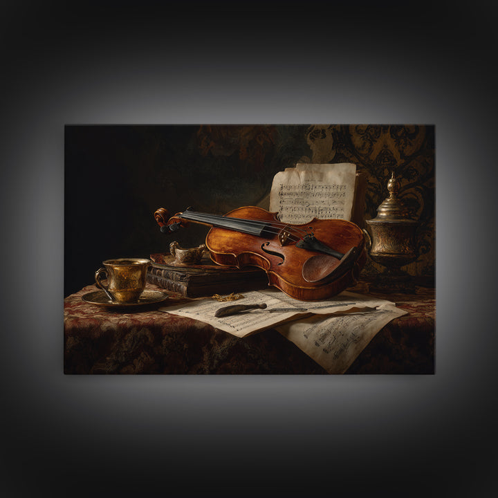 Baroque Violin and Sheet Music Still Life Framed Canvas Print, Baroque Art, Neutral Decor, Living Room Decor, Fine Art, Ornate, BAO-3x2-63