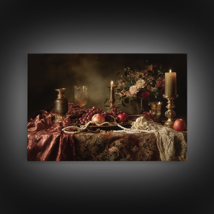 Velvet Drapery with Pearls Flowers and Candlelight Canvas Print, Baroque Art, Maximalist Wall Art, Living Room Decor, Ornate, BAO-3x2-7