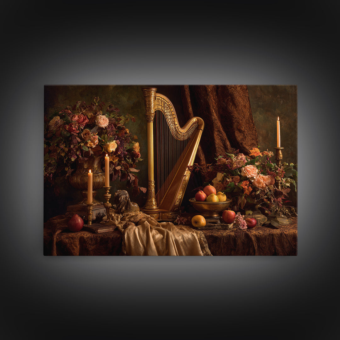 Golden Harp and Roses Framed Canvas Print, Baroque Art, Painting, Living Room Decor, Fine Art, Ornate, Living Room Wall Art, BAO-3x2-70