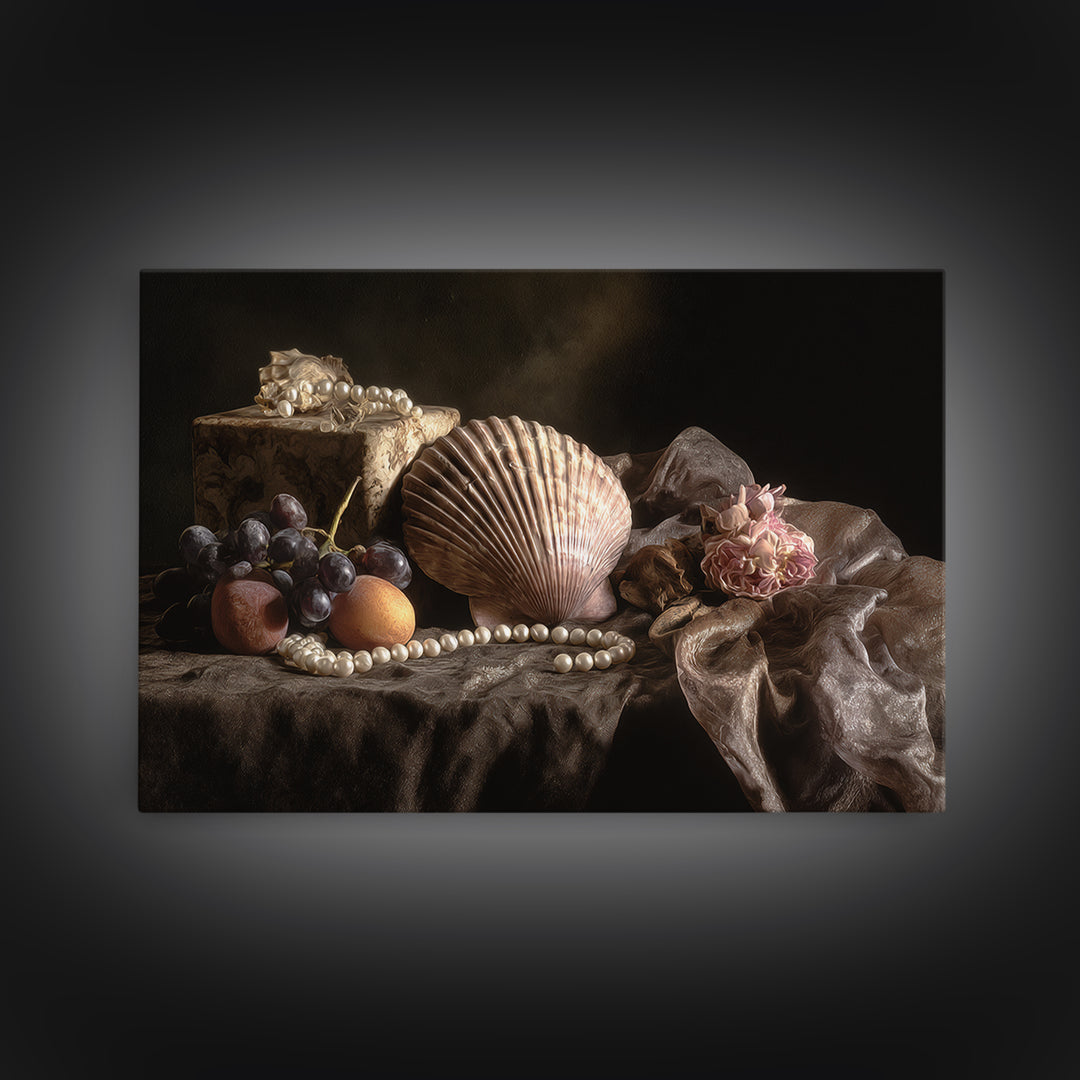 Ornamental Shell and Pearl Composition Framed Canvas Print, Baroque Art, Decor, Living Room Decor, Oil Painting, Ornate, BAO-3x2-74