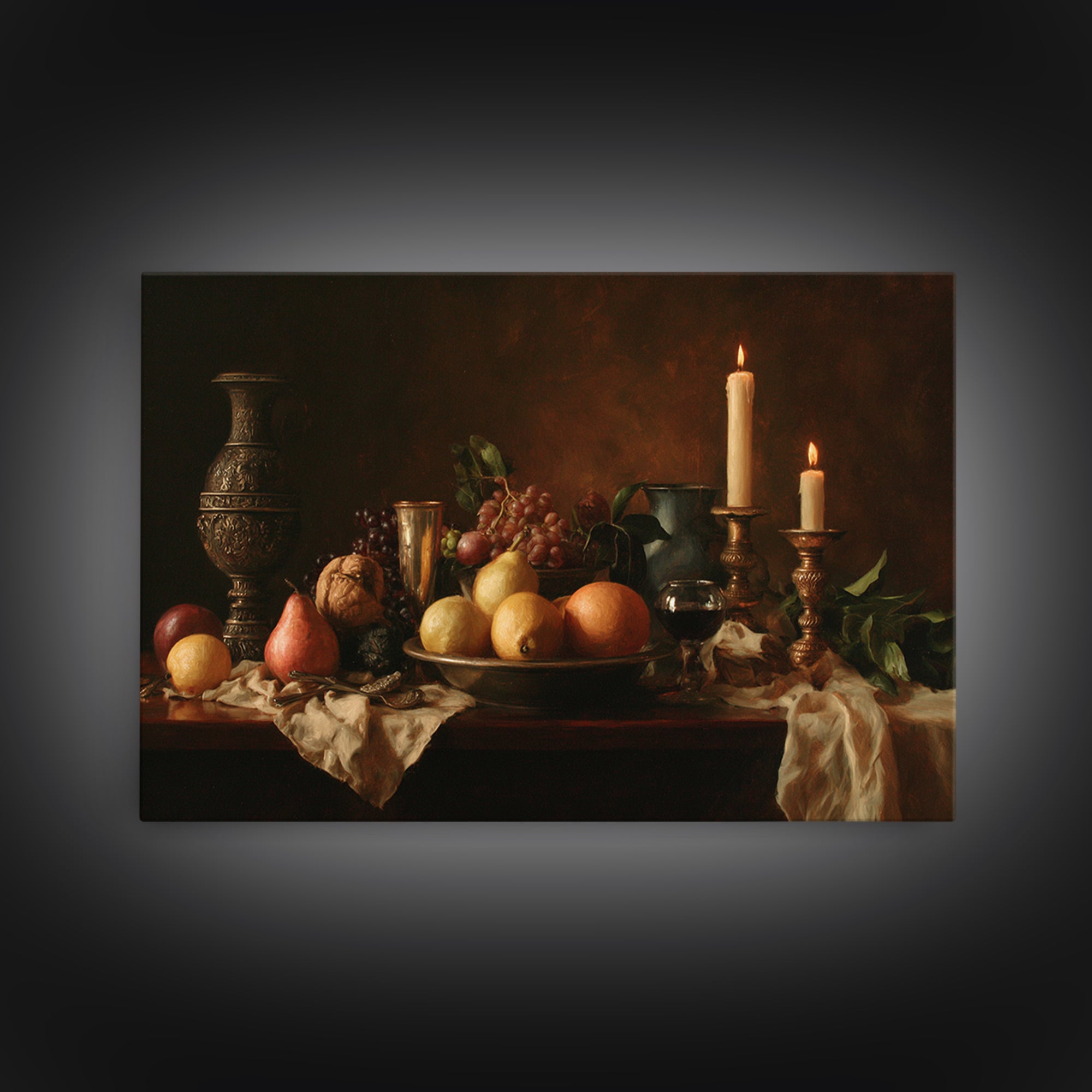 Dramatic Fruit Still Life Framed Canvas Print, Baroque Art, Living Room Wall Art, Living Room Decor, Fine Art, Ornate, BAO-3x2-77