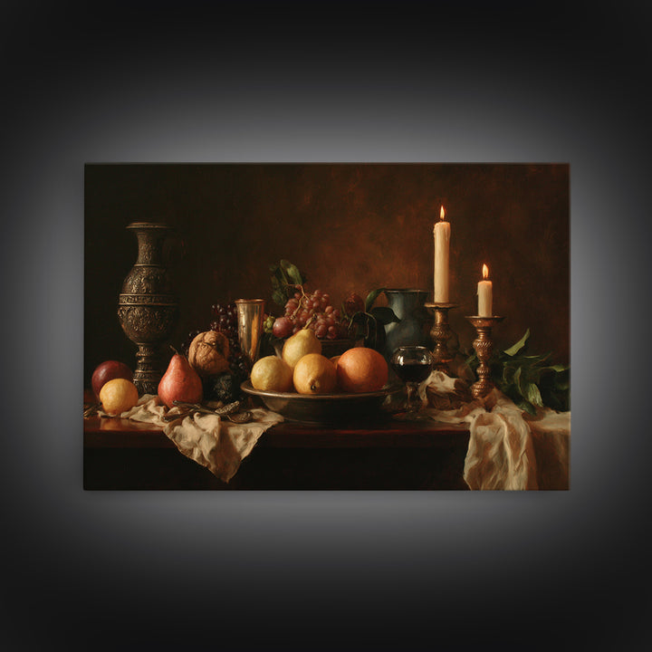 Dramatic Fruit Still Life Framed Canvas Print, Baroque Art, Living Room Wall Art, Living Room Decor, Fine Art, Ornate, BAO-3x2-77