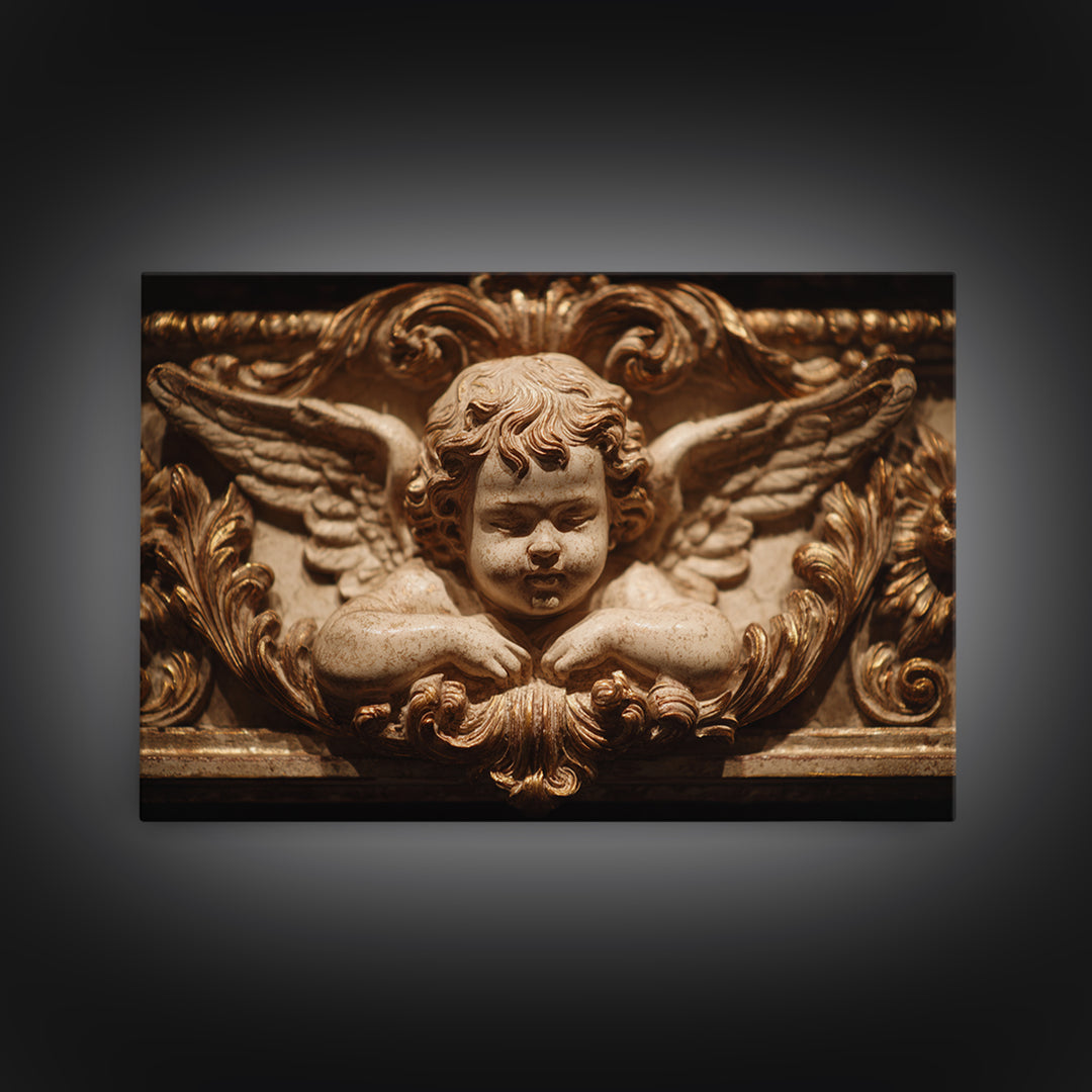 Ornate Cherub Figure Surrounded by Clouds and Framed Canvas Print, Baroque Art, Whimsical Decor, Living Room Decor, Ornate, BAO-3x2-78