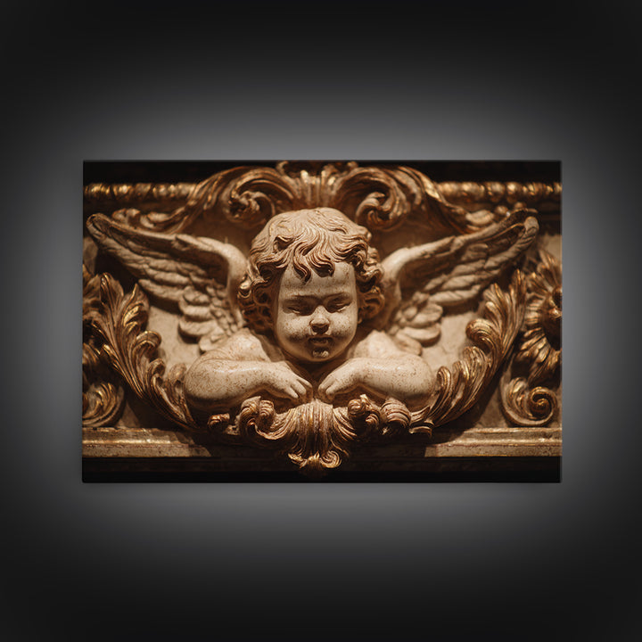 Ornate Cherub Figure Surrounded by Clouds and Framed Canvas Print, Baroque Art, Whimsical Decor, Living Room Decor, Ornate, BAO-3x2-78