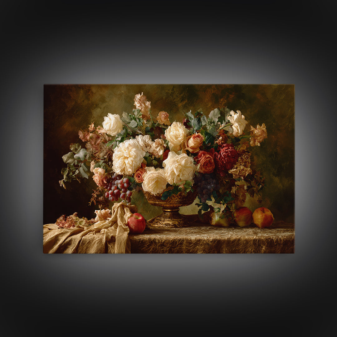 Dark Floral Arrangement Framed Canvas Print, Baroque Art, Living Room Wall Art, Living Room Decor, Ornate, Art Nouveau Decor, BAO-3x2-80