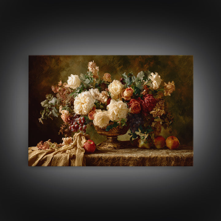 Dark Floral Arrangement Framed Canvas Print, Baroque Art, Living Room Wall Art, Living Room Decor, Ornate, Art Nouveau Decor, BAO-3x2-80