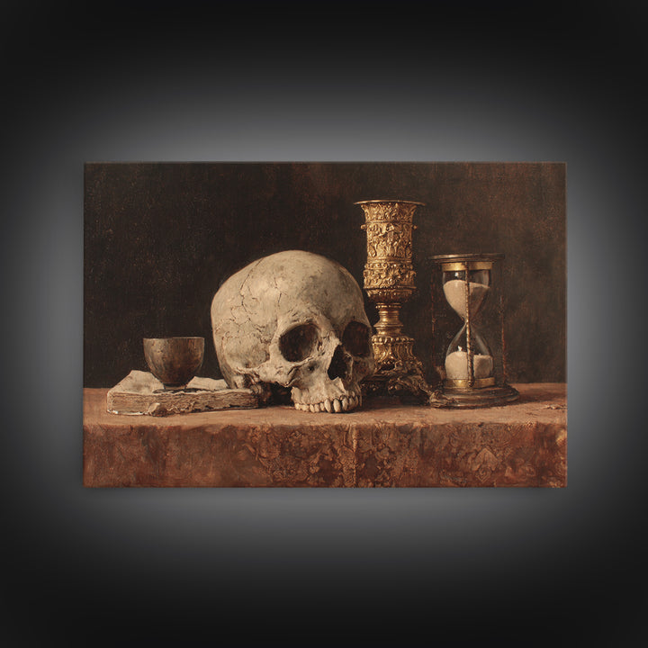 Skull and Hourglass Vanitas Still Life Framed Canvas Print, Baroque Art, Whimsical Decor, Living Room Decor, Fine Art, Ornate, BAO-3x2-81