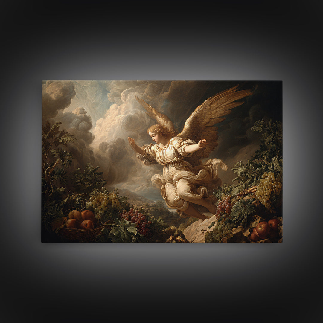 Gilded Angel Wings Emerging from Storm Clouds Framed Canvas Print, Baroque Art, 3d Wall Art, Living Room Decor, Oil Painting, BAO-3x2-82