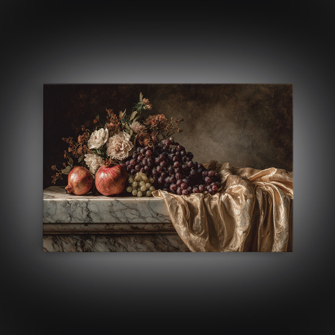 Pomegranate and Grapes on a Marble Ledge Canvas Print, Baroque Art, Moody Wall Art, Living Room Decor, Fine Art, Ornate, BAO-3x2-84