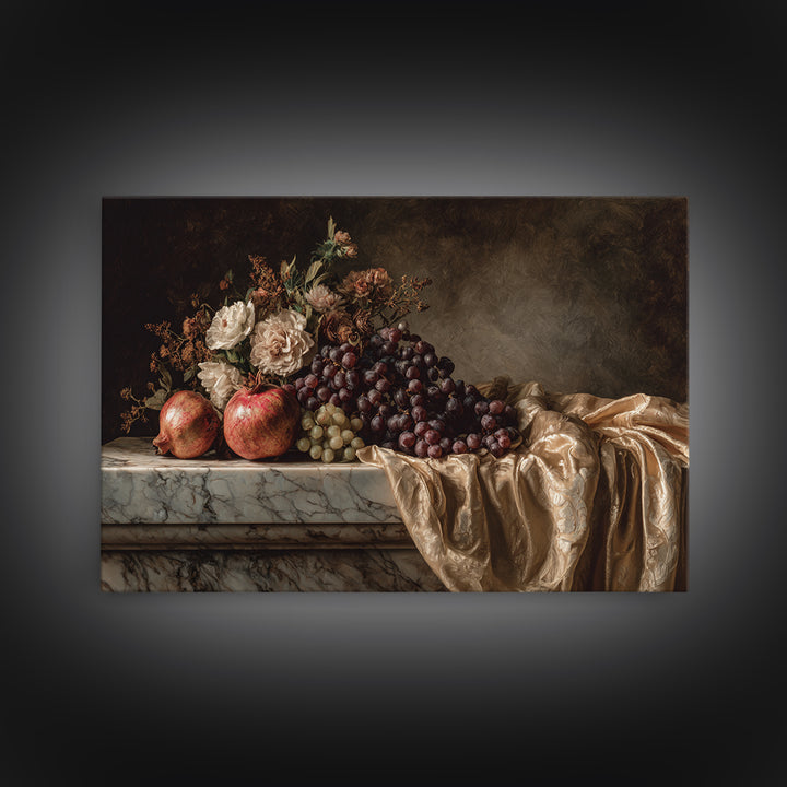 Pomegranate and Grapes on a Marble Ledge Canvas Print, Baroque Art, Moody Wall Art, Living Room Decor, Fine Art, Ornate, BAO-3x2-84