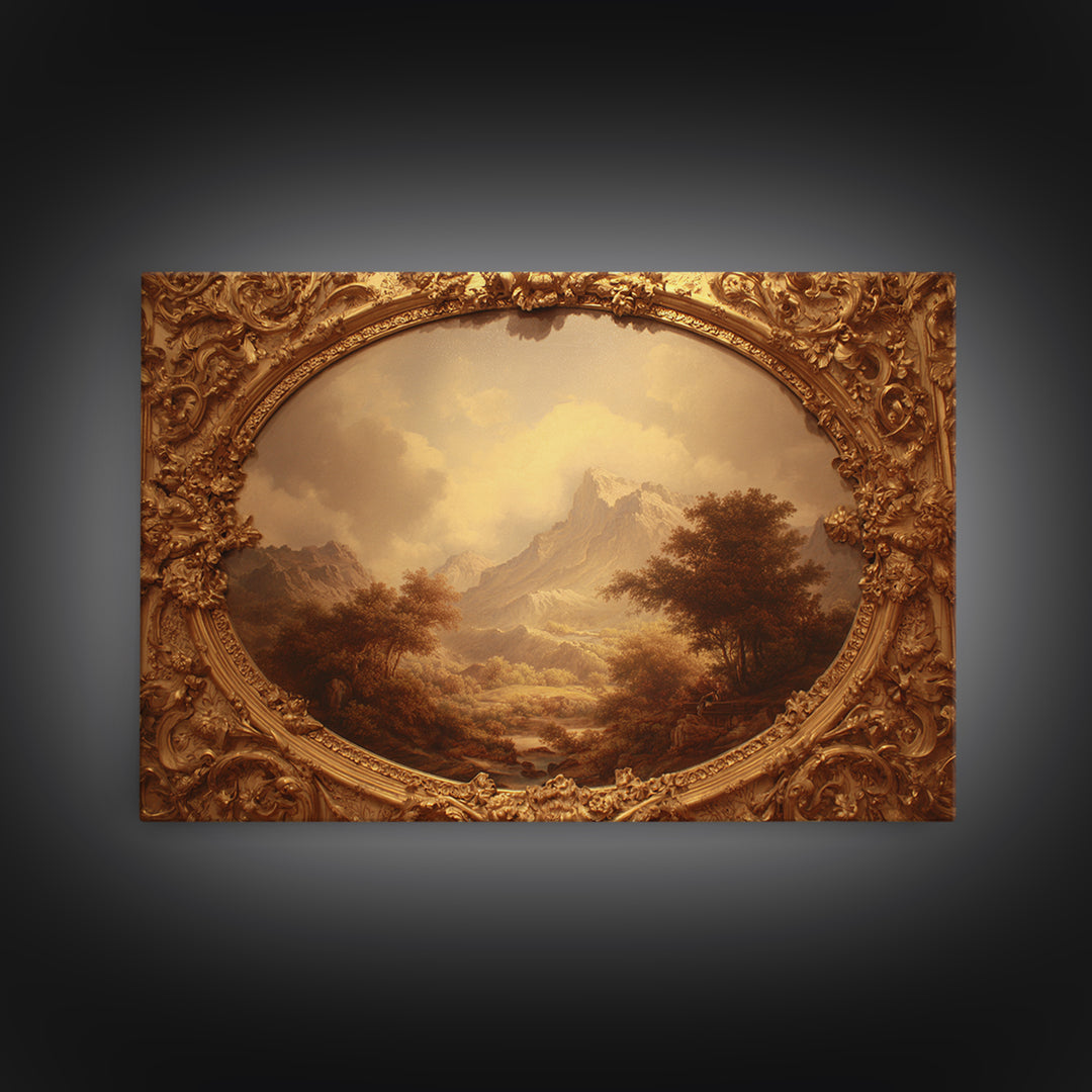 Ornate Gold Frame Illusion Around a Botanical Framed Canvas Print, Baroque Art, 3d Wall Art, Living Room Decor, Ornate, BAO-3x2-85