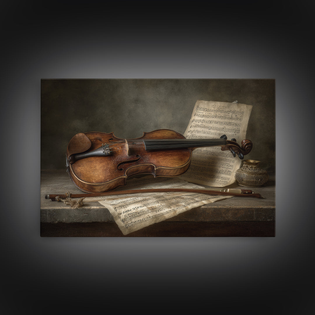 Baroque Violin and Sheet Music Still Life Framed Canvas Print, Baroque Art, Whimsical Decor, Living Room Decor, Ornate, BAO-3x2-87