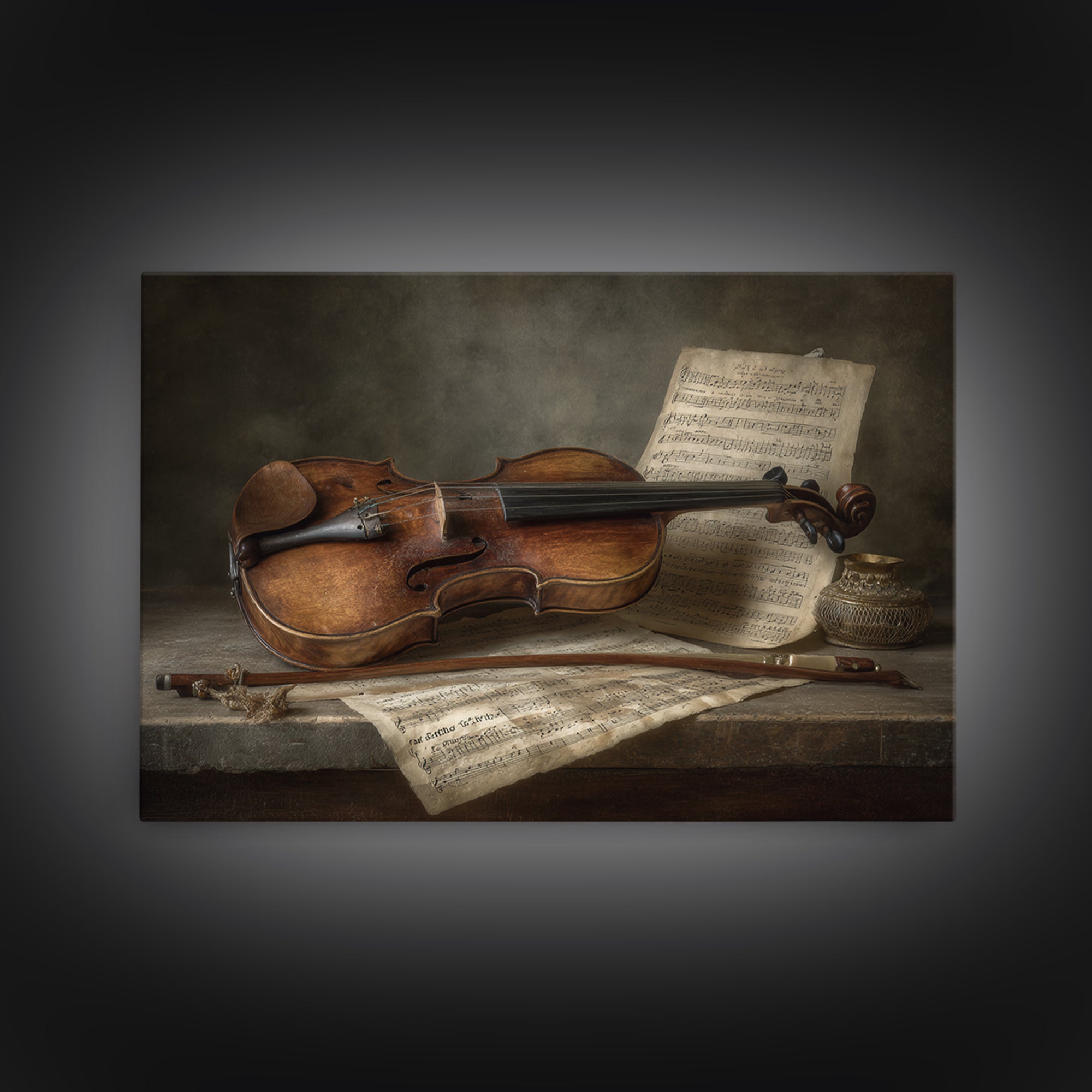 Baroque Violin and Sheet Music Still Life Framed Canvas Print, Baroque Art, Whimsical Decor, Living Room Decor, Ornate, BAO-3x2-87