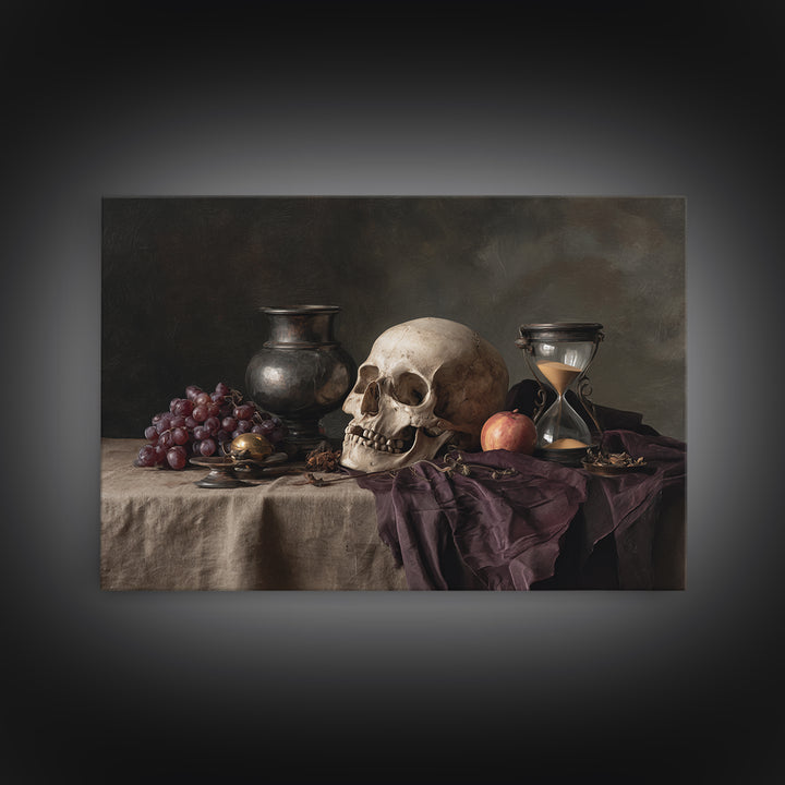 Skull and Hourglass Vanitas Still Life Framed Canvas Print, Baroque Art, Contemporary Art, Living Room Decor, Fine Art, Ornate, BAO-3x2-9