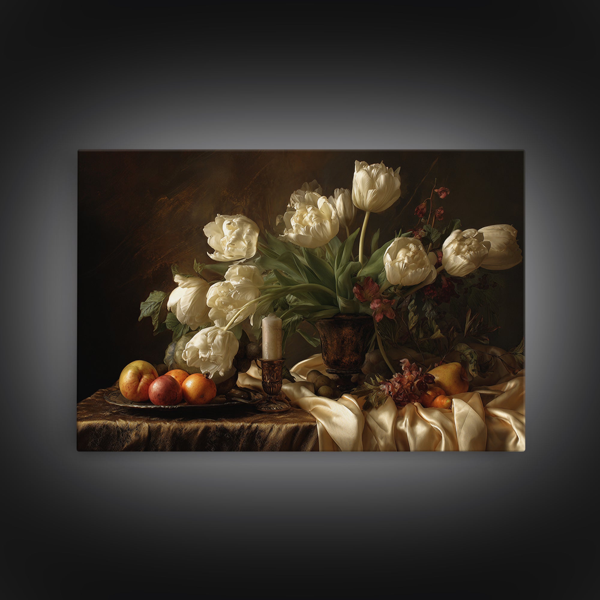 Black Background Tulips Framed Canvas Print, Baroque Art, Room Decor Aesthetic, Living Room Decor, Fine Art, Ornate, Home Decor, BAO-3x2-92