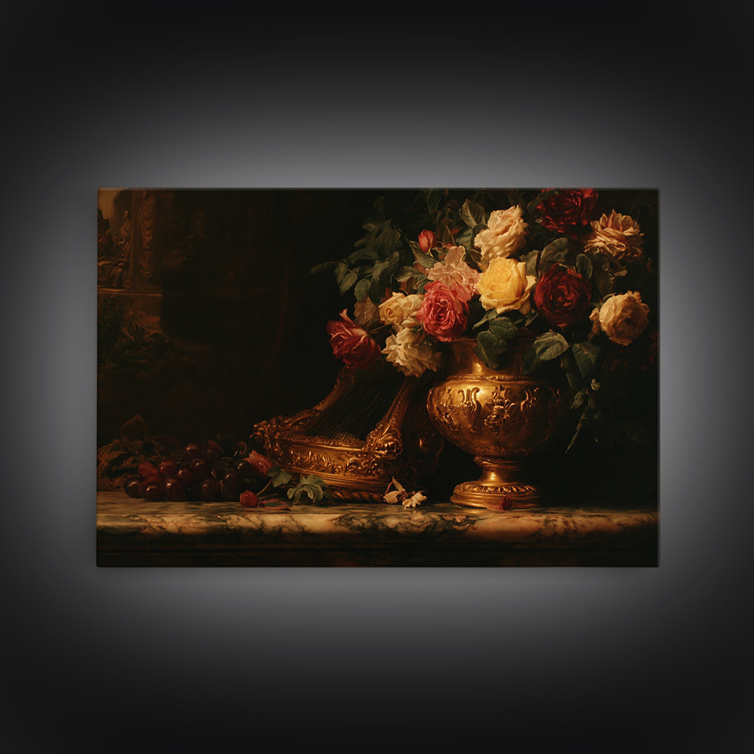 Golden Harp and Roses Canvas Print, Baroque Art, Printable Art, Living Room Decor, Abstract Art, Ornate, Gallery Wall, BAO-3x2-94