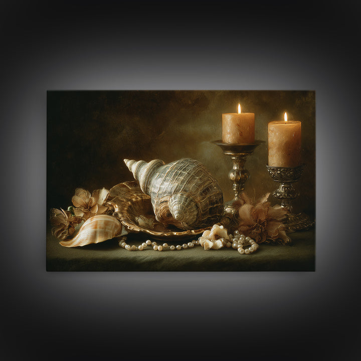 Ornamental Shell and Pearl Composition Canvas Print, Baroque Art, Dark Academia Decor, Living Room Decor, Fine Art, Ornate, BAO-3x2-98